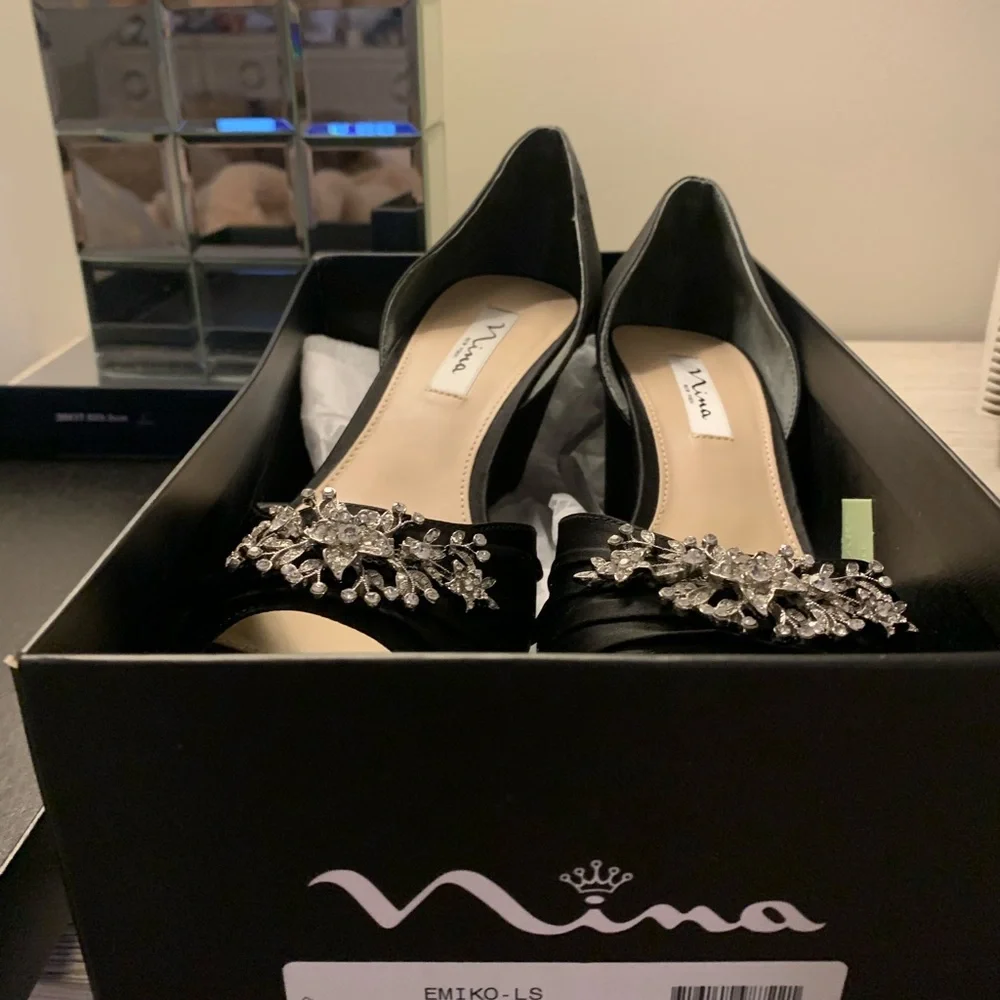 Nina black satin open toe dressy shoes size 9.5 - Picture 3 of 4